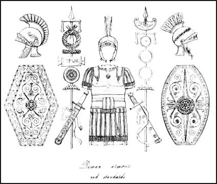 Soldier uniform - Roman shields and other armour for battle.