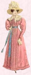regency era fashion Pink dress of 1824 with fuller sleeves styles of early gigot sleeves.