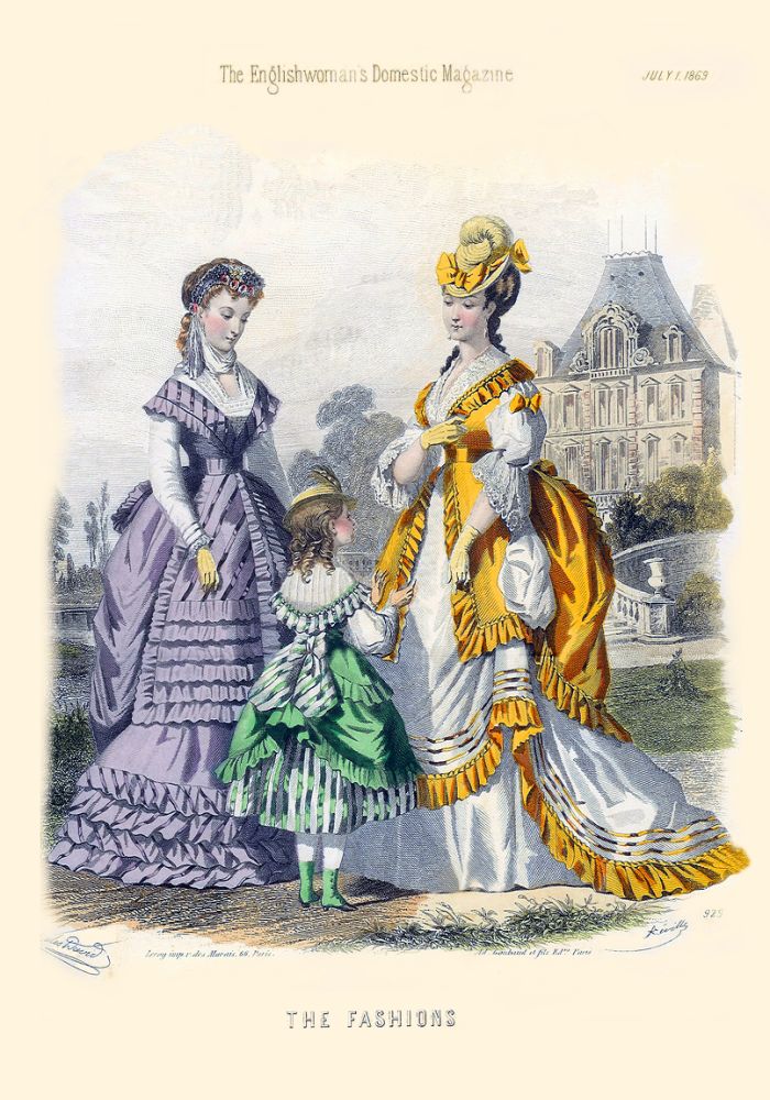 1869 mauve gold bustle dress