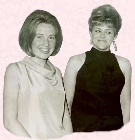 Fashion history and costume history of the 1960s.Picture of two women wearing dresses with cutaway shoulders.