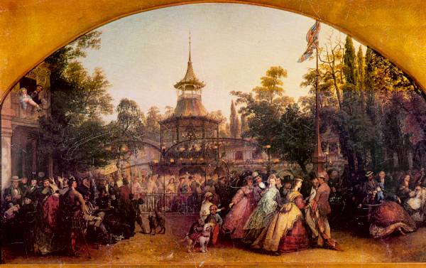 Painting of a scene at Cremorne Gardens. Costume history painting.