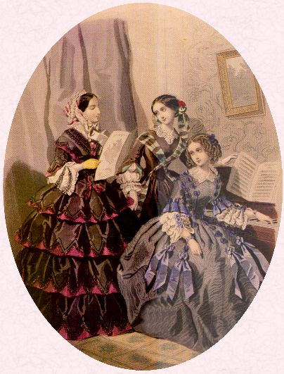 Fashion history picture of Victorian ladies playing the piano whilst wearing full Victorian crinolines.