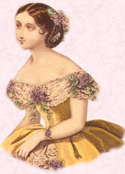 Picture of a typical bertha neckline on a victorian woman's dress. Fashion history fashion plate.