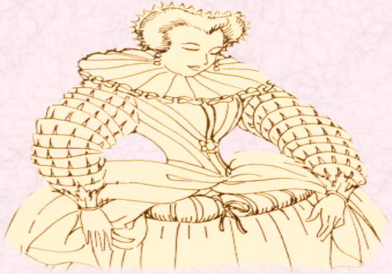 Drawing of a woman putting on a bum roll.