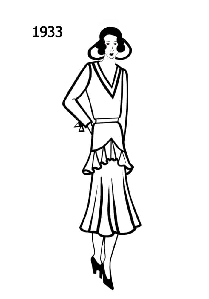 1933 dress v hip ruff silhouettes
