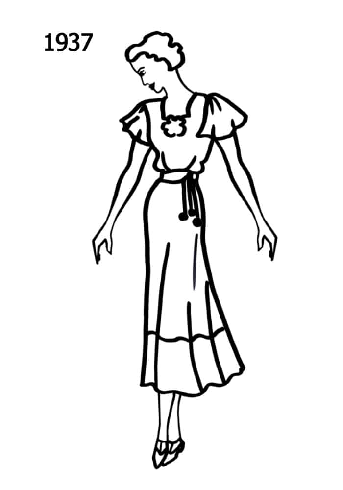 1937 dress with bell sleeves silhouettes