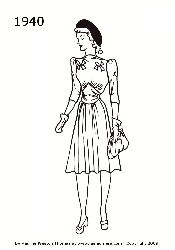 1940s Silhouettes Timeline Drawings Women Fashion 1940s