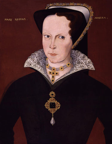 Queen Mary I of England sits in a black dress with white color and white head covering and large pendant, as well as large cross