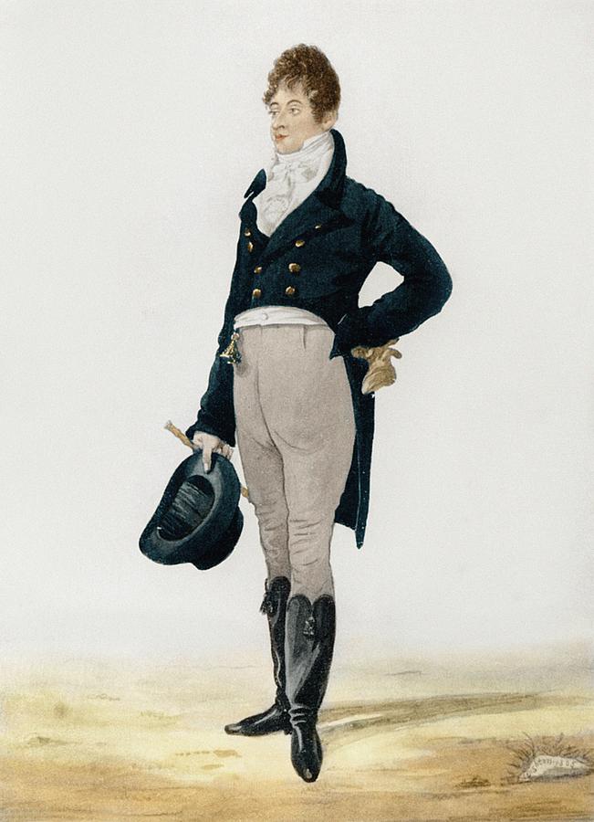 An early nineteenth-century illustration of Beau Brummell wearing a dark tailored coat, pale trousers and polished riding boots.
