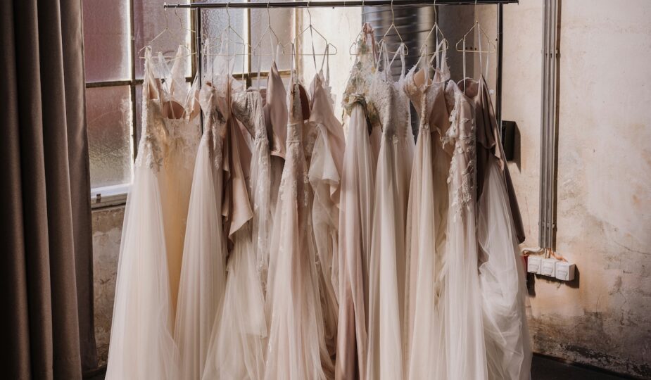A rack of wedding dresses in soft ivory and blush tones displayed in a bridal studio