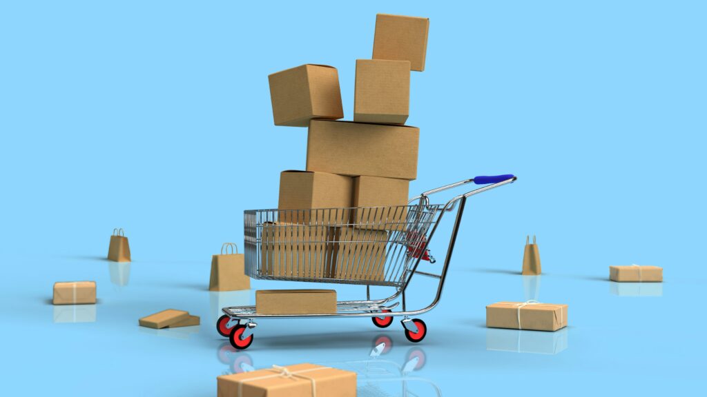 Shopping cart filled with shipping boxes representing online shopping, ecommerce, and home delivery.