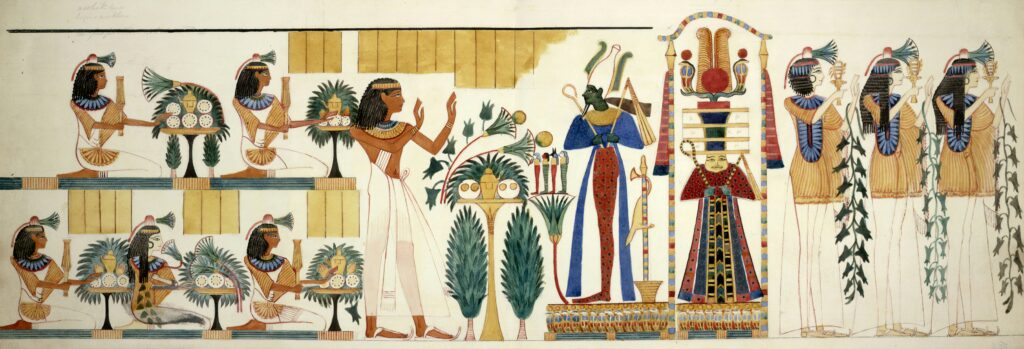 Egyptian wall painting showing women in traditional dress and hairstyles