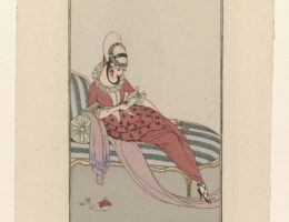 1914 fashion illustration of a woman in an elegant dress and hat