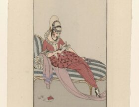 1914 fashion illustration of a woman in an elegant dress and hat