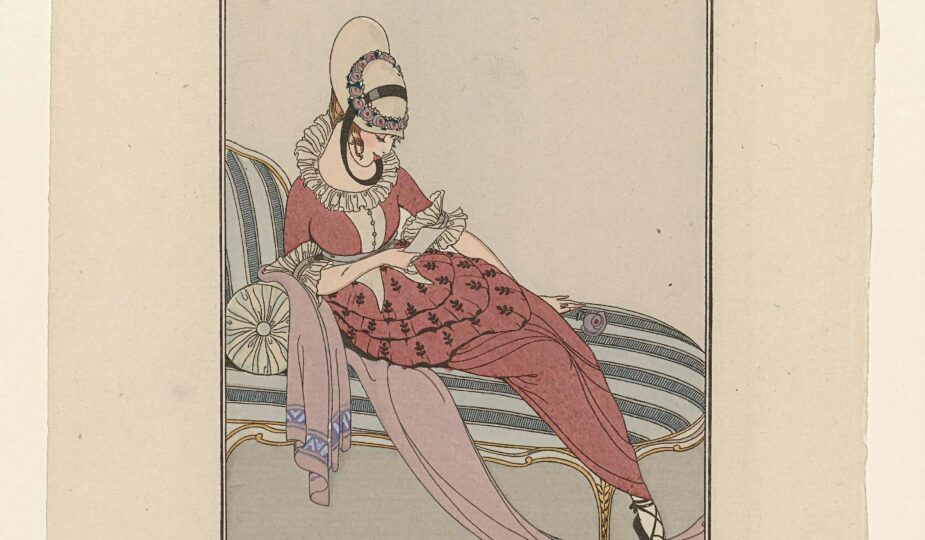 1914 fashion illustration of a woman in an elegant dress and hat