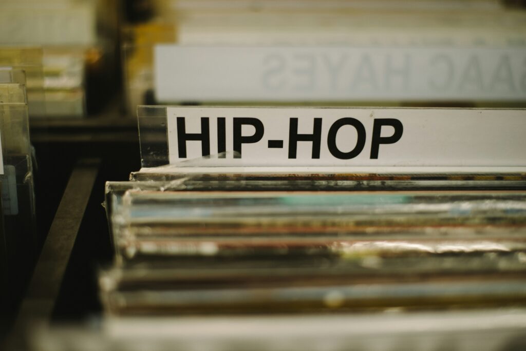 Hip-hop record section inside an independent music shop