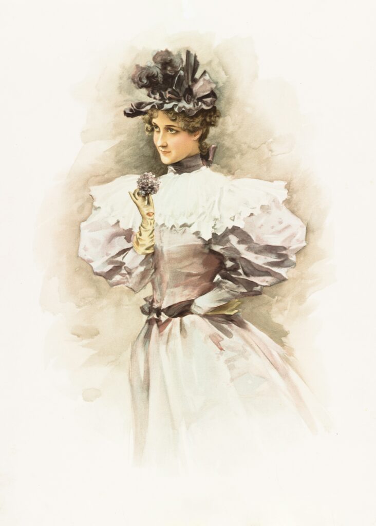 Illustration of a Victorian woman wearing an elaborate dress and fashionable hat